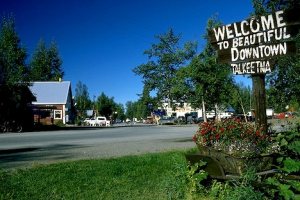 Alaska. Talkeetna. Population 440. Rustic sign posted at town park on historic Main Street.